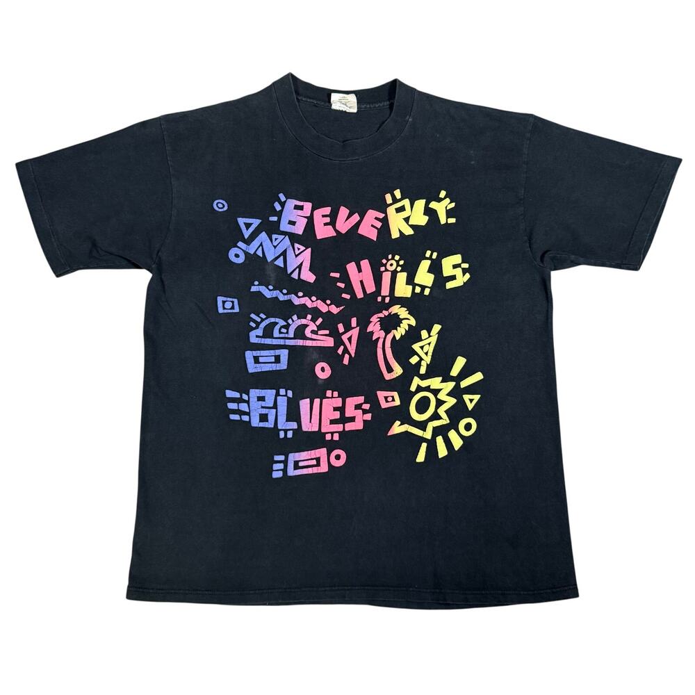 Vintage Beverly Hills Blues Graphic T-Shirt Neon 90s Retro Single Stitch Sz L